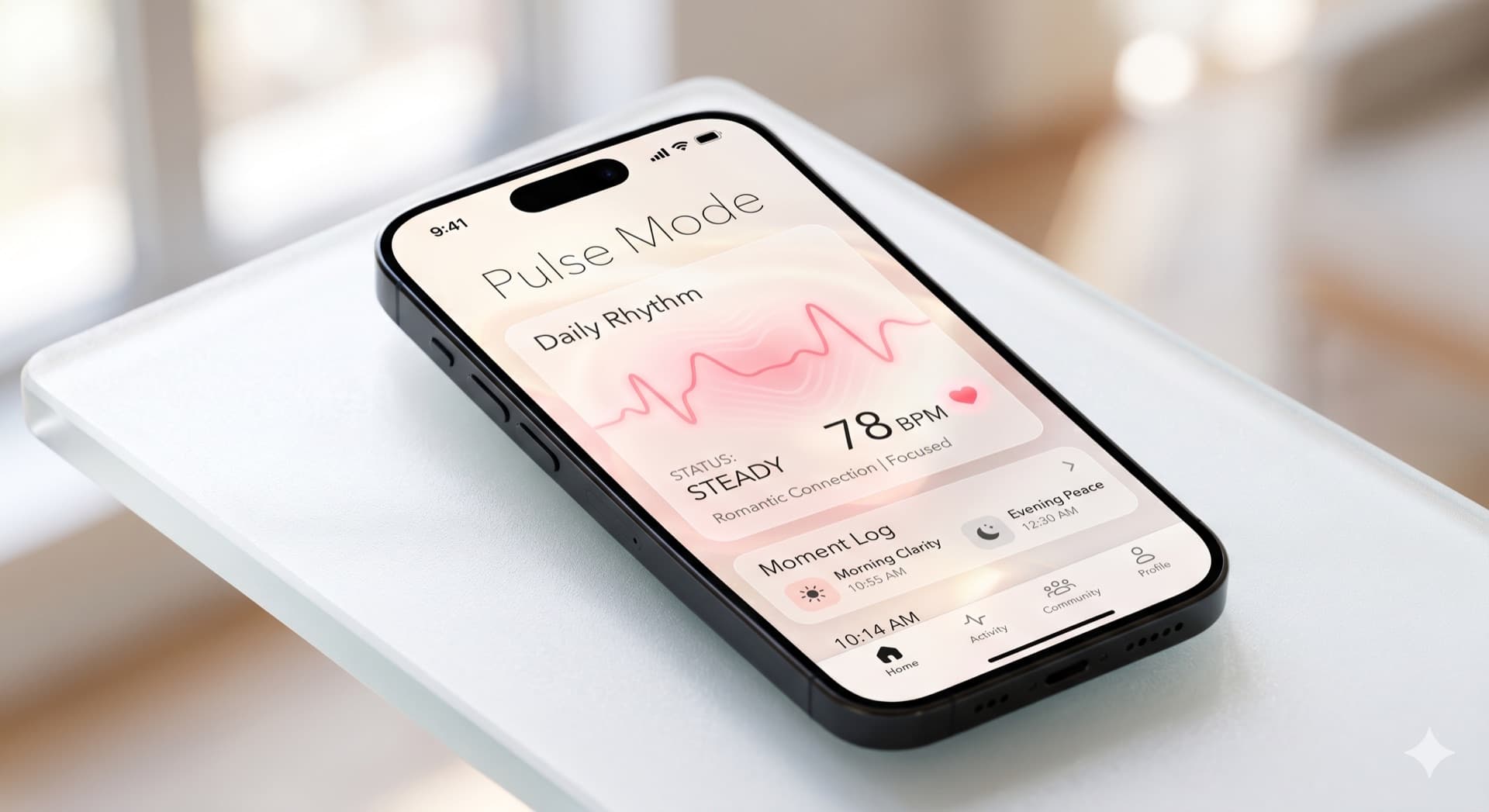 White Mode app — Daily Rhythm dashboard with 78 BPM pulse trace and Moment Log