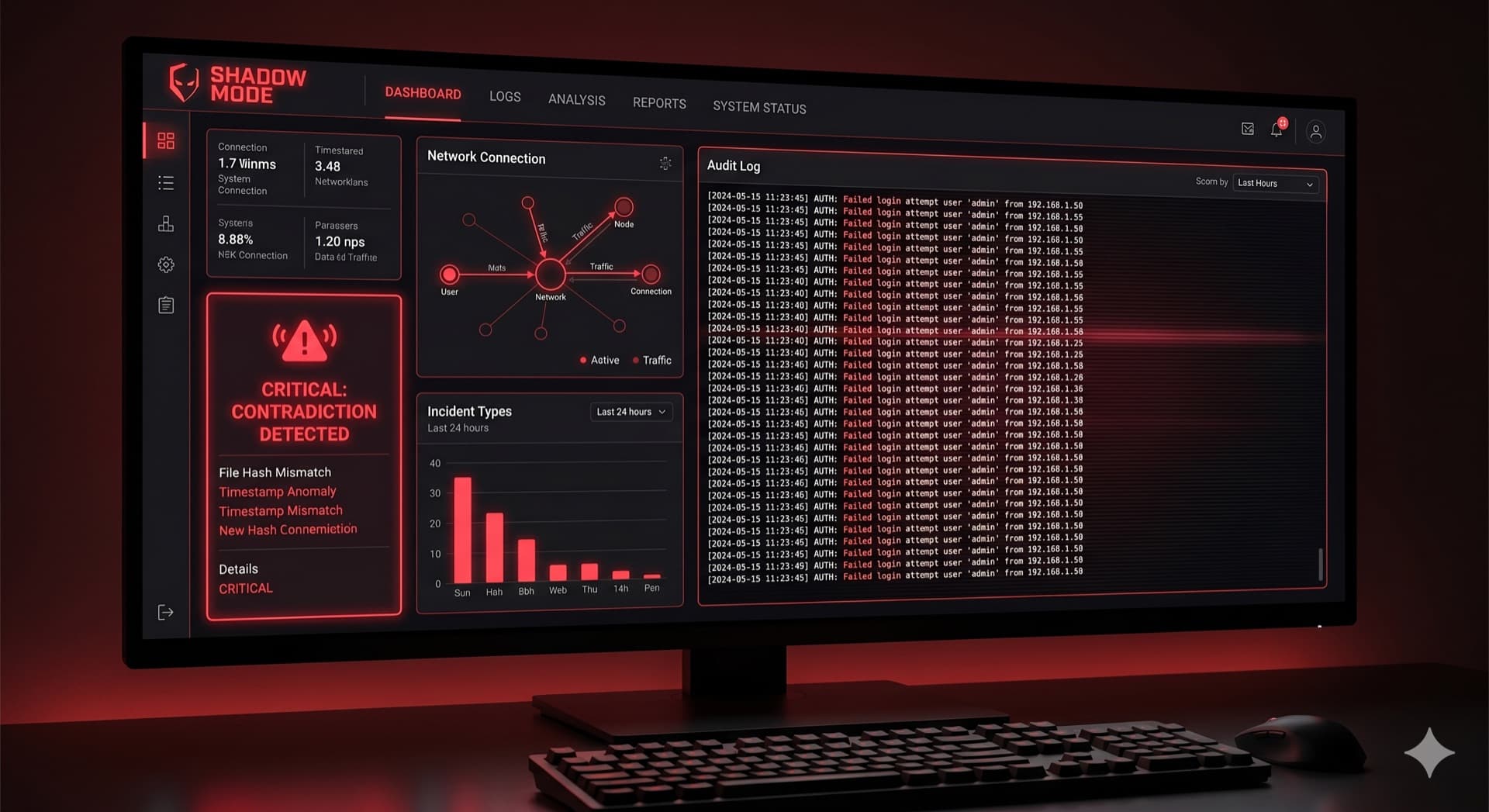 Black Mode forensic dashboard — audit log, network connection graph, contradiction detection alert